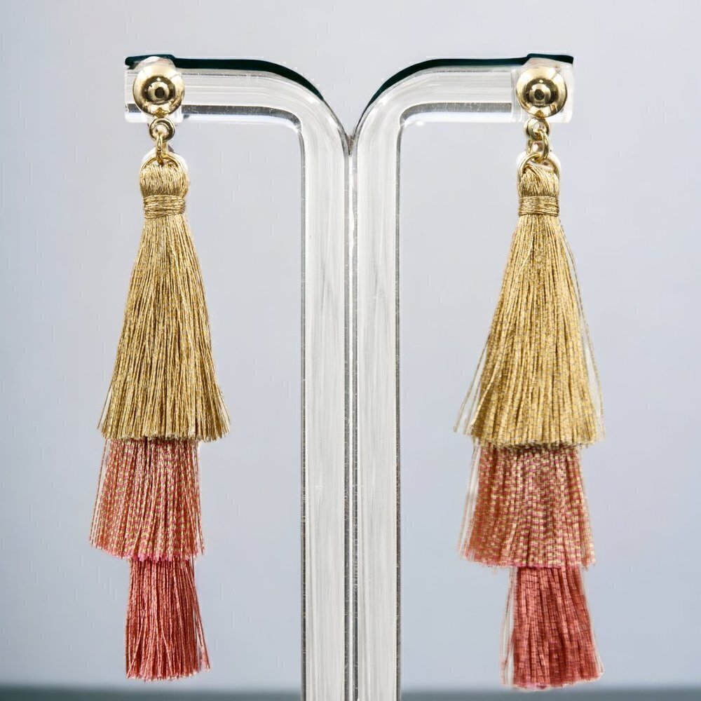 Layered Gold & Blush Tassel Earrings - Picture 4 of 4